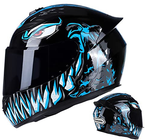 BaoFuStore Vollgesichts-Motorradhelm Street Bike Helm Motocross ATV Casco Helm ECE-Zugelassenes Motorrad Moped Street Bike Racing Casco Moto Helm Für Erwachsene, Männer Und Frauen,Venom blue,XL
