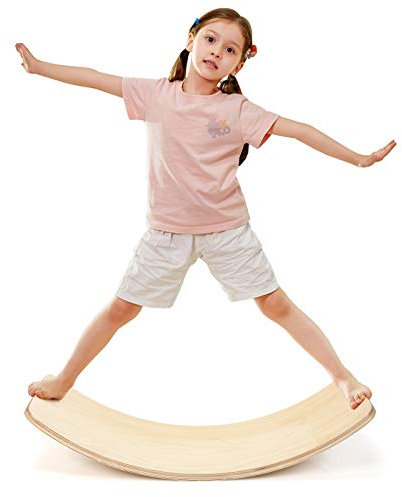 COSTWAY 90 x 40cm Balance Board mit Filz, Balancierbrett aus Holz, Wackelbrett bis 220kg belastbar, Kurviges Board für Kinder und Erwachsene