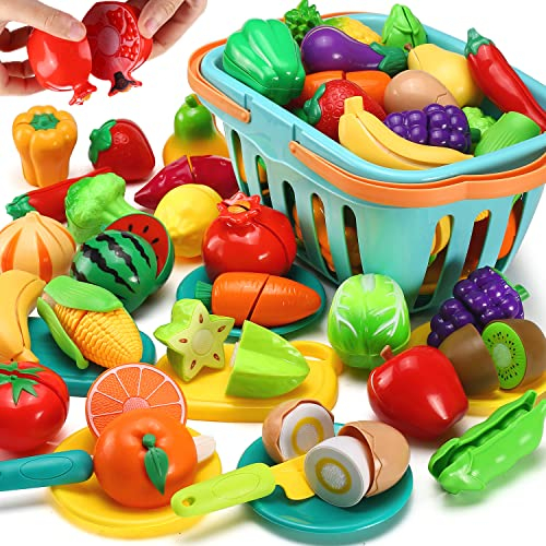 35 Pièces Jouets de Cuisine, Dinette de Cuisine avec Panier de Rangement, Plat et Couteau en Plastique, Fruits et Légumes à Couper Jeu D'imitation Jouet Éducatif pour Tout-Petits Enfants Cadeau
