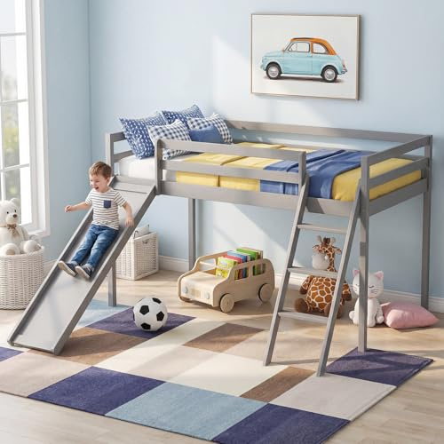 Panana Mid Sleeper Bed with Slide, White Single Bed for Kids 3FT Solid Pine Wood Bunk Bed with Ladder (Grey)