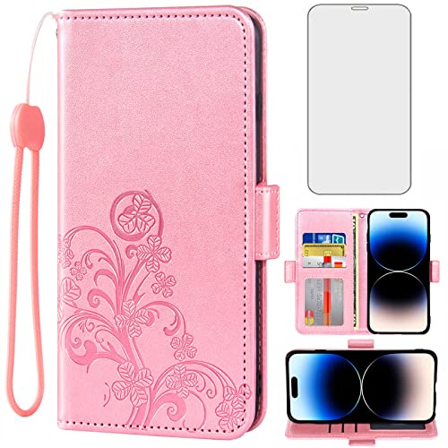 Asuwish Compatible with iPhone 14 Pro Max 6.7 inch Wallet Case and Tempered Glass Screen Protector Flip Wrist Strap Cell Phone Cover for iPhone14promax 5G i Phone14Max Plus iPhone14 ProMax Rose Gold