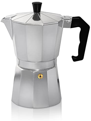 KRÜGER Aluminium-Espressokocher mit Silikon-Dichtring für 12 Tassen - schnelle und einfache Espresso-Zubereitung - Sicherheitsventil verhindert Überlaufen - handlicher Griff (silber)