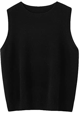 Vsadsau Knitwears Women Sweater Vest 100% Merino Wool Knitted Jumpers Sleeveless Crewneck Pullover Sweater Black M