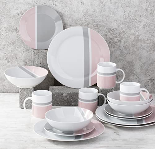16 Piece Modern Pink, Grey & White Dinnerware Set – 4X Dinner Plates 26.5cm, 4X Side Plates 19cm, 4X Bowls 18.5cm & 4X Mugs – Dishwasher & Microwave Safe Porcelain Dining Set for 4 People