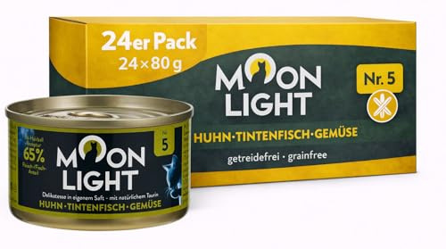 Moonlight Premium våtfoder för katter | kornfritt recept | delikatess i egen juice | mycket köttinnehåll | (nr 5 kyckling, bläckfisk och grönsaker 24 x 80 g)