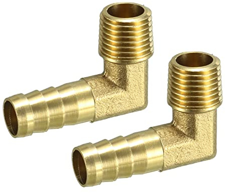 QUARKZMAN 2uds 10mm Púas x 3/8 PT Macho Rosca 90 Grados Latón Dorado Tono | Espiga Manguera Montaje, Codo Conectores Acoplador para Manguera Conexión, Conector de Lengüeta de Latón
