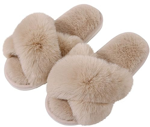 Evshine Women's Fuzzy Slippers Cross Band Memory Foam House Slippers Open Toe, Camel, 38-39 (Size 7-8)