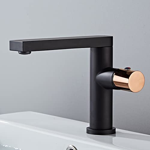 ZYCDP Waschbecken Armaturen Bad Badarmatur Kaltes und Heißes Einhandmischer Messing Wasserhahn Bad 360 grad drehbar, Schwarz+Roségold