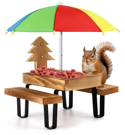 NQEUEPN Eichhörnchen Futtertisch mit Regenschirm, Hölzerner Eichhörnchen Picknicktisch Futterspender mit Maiskolbenhalter