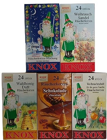 Knox XL Sparpack Räucherkerzen- Weihnachts-Mischung + Weihrauch-Sandel + Waldhonig-Duft + Schokolade + Weihnachtsduft/Größe M/Inhalt pro Schachtel 24 Räucherkegel/Duftkegel