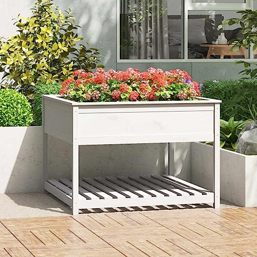 ZQQLVOO Blumenwanne Pflanztisch Balkonschrank Pflanzkübel mit Ablage Weiß 111,5x111,5x81 cm Massivholz Kiefer Geeignet für Gartenbalkone im Freien