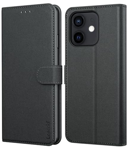 Leacckl Handyhülle für iPhone 12 / iPhone 12 Pro Hülle, Premium PU Leder Brieftasche Stoßfeste [Kartenfächern] Schutzhülle Klapphülle Flip Case, Schwarz