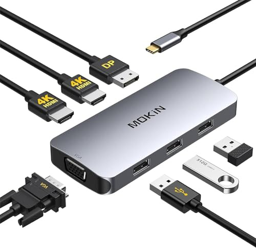 MOKiN 7-in-1 USB C Hub Multiport Adapter, USB C Docking Station with 2 * 4k@60Hz HDMI, DisplayPort, VGA, 3*USB-A Port, Type C Hub Triple Display compatible for Dell/Lenovo/HP/Macbook