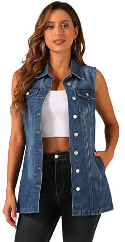 Allegra K Gilet da Donna Demin Gilet Abbottonato senza Maniche con Gilet di Jeans Medio-lungo Blu Scuro L