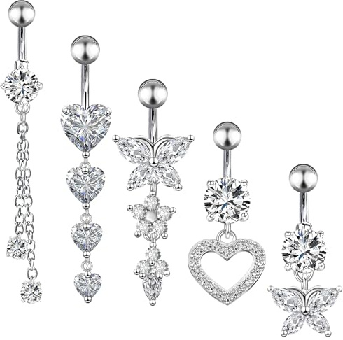 Invalidism 5 Pcs Belly Button Bars,Stainless Steel Belly Bars Sterling,Flower Butterfly Tassel Heart Navel Rings,Hypoallergenic Belly Button Piercing Jewellery