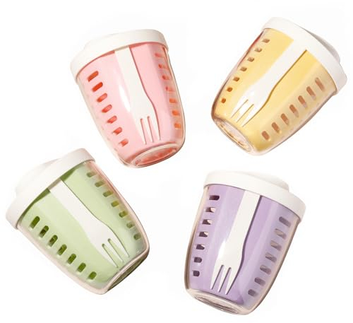 Luiruey Fruit Salad Storage Cup With Lids and Fork, 20 Oz Plastic Airtight Fruit Storage Containers for fridge with BPA-Free, Leak-Proof, Reusable for Office,Party,Travel. (pink+green+yellow+purple)