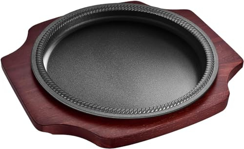 CTCOIJRN Plat de Service en Fonte, Assiette à Steak avec Base en Bois, Plaque de Serveur en Fonte, Utilisation à la Maison ou au restaurant-25 cm(Size:29cm)