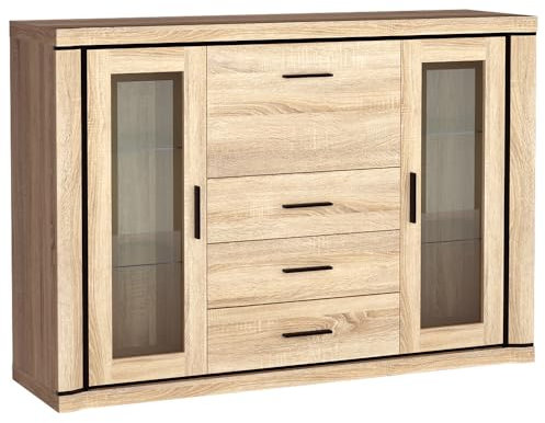 Lomadox Sideboard Kommode mit Vitrinentüren 157cm mit Beleuchtung in Sonoma Eiche