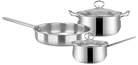 Olla de cocina, sartén, juego de utensilios de cocina de acero inoxidable de 3 piezas, sartén de fondo plano, olla para sopa, kit de olla para leche (A)