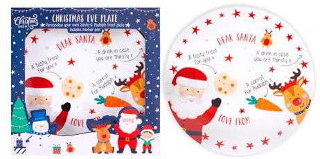 RSW Plato de porcelana para Nochebuena, diseño de Papá Noel y Rodolfo, 10.5 pulgadas, personalizable con marcador incluido, perfecto para cena de Navidad de niños, platos festivos de Navidad de