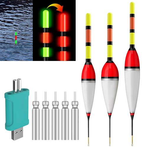 SKIKHN Set di 3 Pose LED da Pesca con Indicatore di Morso,Pose da Pesca Intelligenti con Caricabatteria e 5 Batterie a Stick,LED Pose da Pesca con Sensore Gravity,Set di Accessori per la Pesca