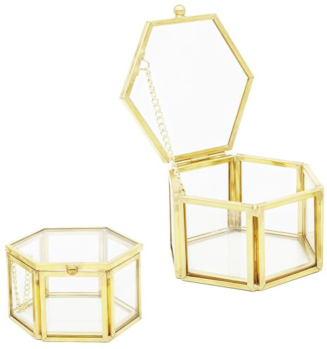 Cuicany Vintage Schmuckschatulle aus Glas, Geometrische Ringschatulle, Geometrisches Glas Box, Schmuckschatulle aus Metall, Hochzeit Ring Box, für Ringe, Armbänder, Schmuck(Goldene)
