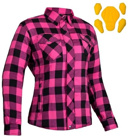 STOCKODEA Women’s Motorcycle Flannel Shirt- Cotton Plaid Biker Riding Jacket-CE Approved Armor - Reinforced w/Aramid Fiber