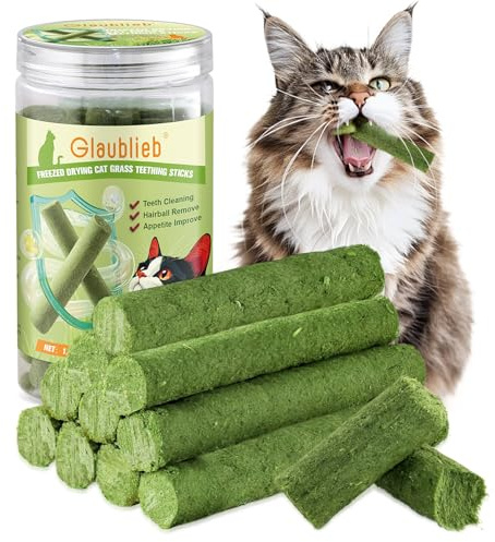Glaublieb 50g Cat Grass Teething Stick, Freezed Dried Cat Grass Sticks Snacks for Cats, Edible Cats Treats for Teeth Cleaning and Hairball Removal