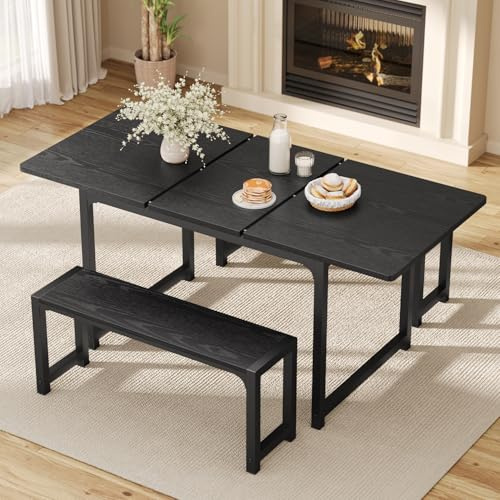 Ahomly 63“ Large Extendable Dining Table Set for 4-6 with 180° Smart-Flip Pivot, Kitchen Table Set with Bench, Dining Room Table with Metal Frame & MDF Board, Perfect for Small Space, Black