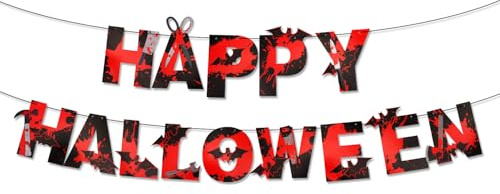 Happy Halloween Banner, Gruselige Halloween Partydekoration Fledermaus Blutiges Hängebanner Girlande Buchstabenschild Hintergrund für Draußen Kaminsims Büro Gruselparty Zubehör