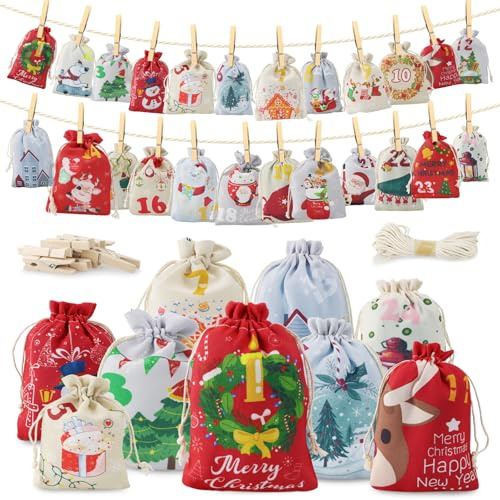 WLHFDC Calendrier de l'Avent Vide a Remplir 2025,Kit Complet DIY avec 24 Pochette Sachets en Tissu avec Pinces en Bois Et Corde de Jute,pour Enfants Et Adultes,Sac de Décoration de Noël pour Cadeaux