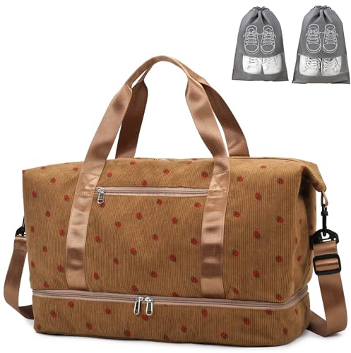 IBALULU Sporttasche Reisetasche Damen, 40L Weekender Travel Duffle Bag mit 2 schuhbeuteln, Schuhfach & Nassfach, Cord Schwimmtasche Strawberry Print Strandtasche Handgepäck Tasche für Sport Reisen