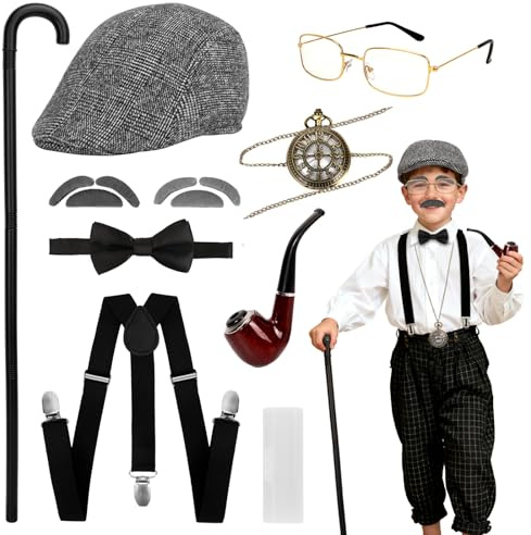 Gammal man kostym för barn, 1920-tals morfar kostym tillbehör med platt keps hängslen fluga fejk rör fickur mustasch set promenadkäpp glasögon gangster morfar klä upp sig för pojkar halloween cosplay