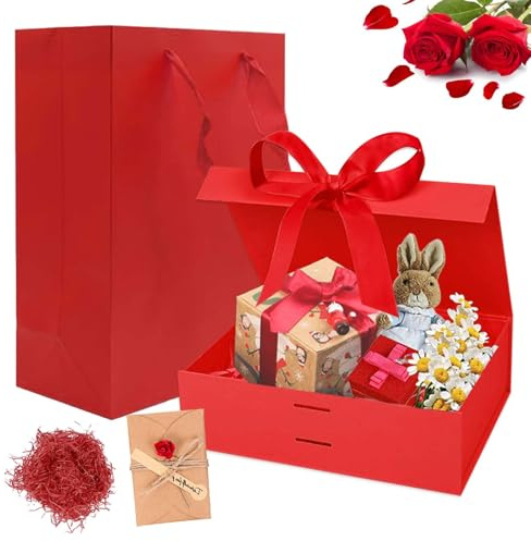 Geschenkkarton, 23x17x7cm Magnetische Geschenkkarton mit Deckel, Wiederverwendbare Jubiläum Geschenk Karton, Faltbare Geschenkebox, mit Tasche, Band, Raffia, Grußkarte, für Hochzeit(Rot)