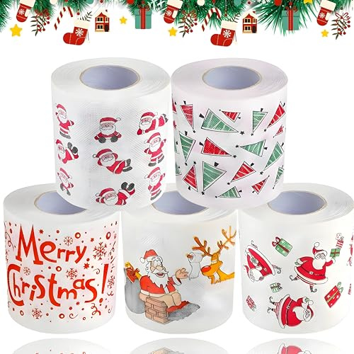 Lot de 5 rouleaux de papier toilette sur le thème de Noë Papier toilette imprimé Père Noël pour décoration de Noël, décoration de fête, cadeaux