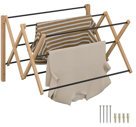 Relaxdays extendable wall-mounted clothes dryer, HxWxD: 45 x 71.5 x 59 cm, bamboo & metal, natural/black