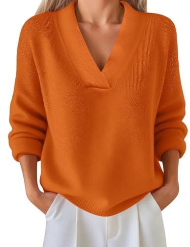 Generisch 2026 Pull d'hiver en tricot uni pour femme Coupe ample Col en V, Orange, 3XL