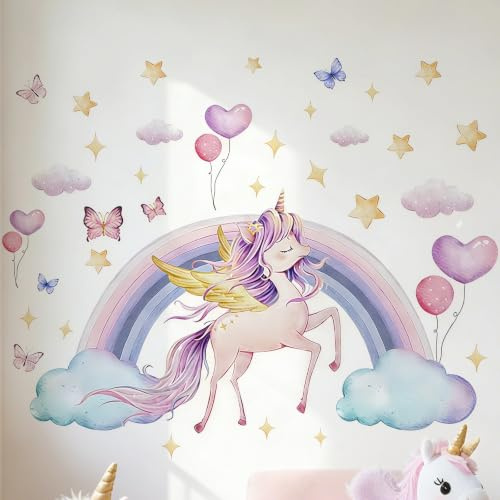 Zamety Wandtattoo Kinderzimmer Mädchen, Einhorn Regenbogen Wandsticker | Wandsticker Kinderzimmer Mädchen Rosa Schmetterlinge Star, Groß Selbstklebende Vinyl Wanddeko für Schlafzimmer Babyzimmer