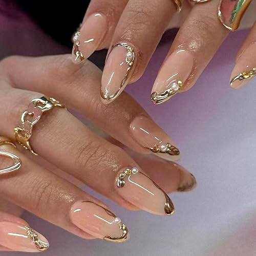 Ceboic 24Pcs Nude Faux Ongles Autocollants Moyenne Amande Français Perles 3D Ongles à Coller Naturel Reutilisable Glossy Press on Nails Artificiels Acrylique Capsules Ongles pour Femmes et Filles