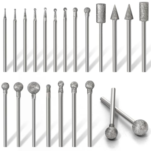 Josaton 22Pcs Ball Shaped Stone Grinding Bits for Dremel Rotary Tool | Round & Cylinder & Taper Head Diamond Burr Set, Engraving Carving Polishing Accessories, 2.35&3mm Shank