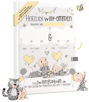 Zwillingsalbum Grau – Personalisierbares Babyalbum | Rundfux® | Babyalbum für Zwillinge mit Platz für Fotos, Meilensteine und Erinnerungen. Cover individuell personalisierbar.