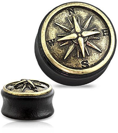BlackAmazement Flesh Tunnel Plug Inlay Piercing Sono Holz Wood Kompass Navigation Herren Damen (08 mm, 1 Stück)