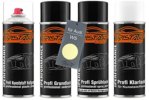 TRISTARcolor Ensemble de bombes de peinture Peinture voiture pour plastique pour Audi W5 Limette/Lime apprêt adhérent, peinture de base, vernis transparent avec assouplissant