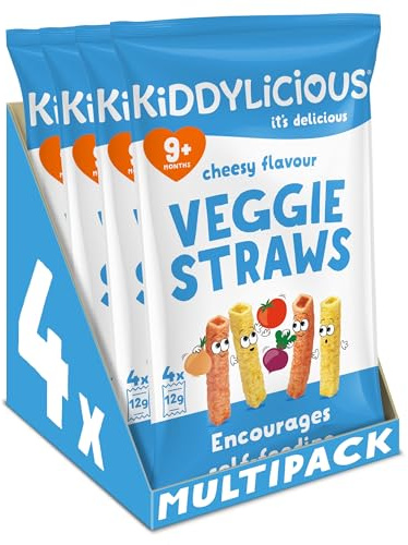 Kiddylicious Veggie Straws Saveur Fromage | Dès 9 mois | Sans Gluten | 4 Packs de 48g (4 Sachets de 12g) | 192g