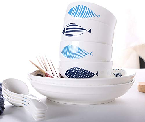 XCXDX - Set di piatti in ceramica, 2 pezzi, 4 pezzi, 4 pezzi, cucchiai, motivo pesce bianco