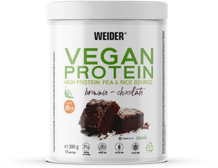 Weider Vegan Protein (300g) Goût Choco-Brownie, Protéines 100% Vegetal 21g/dose, Pois (Isolat Pisane) & Riz, Avec Vitamine B12 & Stevia, Sans Gluten, Sans Sucre, Emballage 50% Recyclé, 100% Recyclable