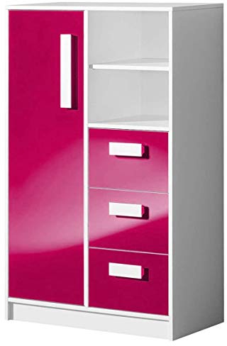 Furniture24 Kommode GULIVER 05 mit 3 Schubladen und 1 Tür Schrank Higboard Kinderkommode (Weiß/Rosa Hochglanz)