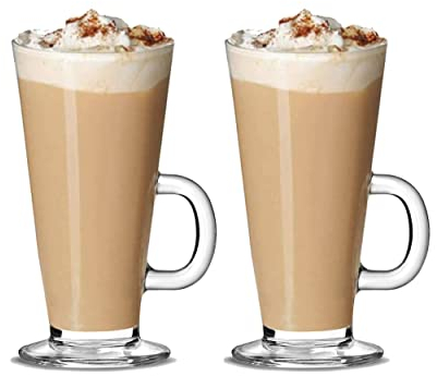 Latte Glasses Tea & Coffee Cups Pack of 2-270ml Temperature Resistant Hot Drink Cafe Mugs with Handle Ideal for Milk Juice Ice Cream Latte, Cappuccino, Espresso and Hot Chocolate