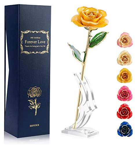 24K Gold Dipped Rose with Display Stand, Artificial Yellow Glass Flower, Romantic Gift for Anniversary, Birthday, Valentine's Day, Wedding