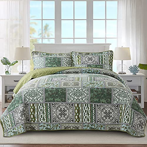 NEWLAKE Baumwoll-Tagesdecken-Set, wendbar, Patchwork-Decke, grünes klassisches Boho-Muster, King-Size-Größe